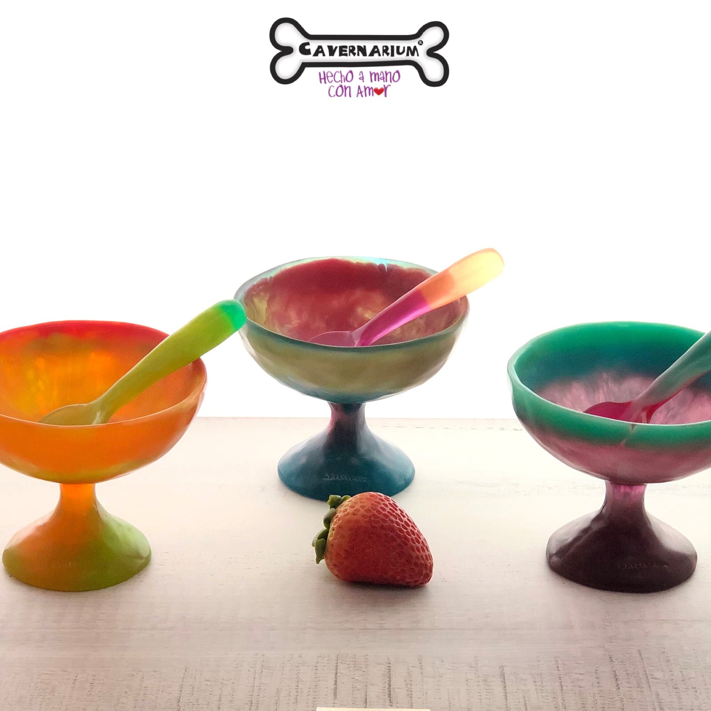 1 TAZA Postre o Helado 🥣 1 Cuchara Corta en Resina Especial 250 ml.