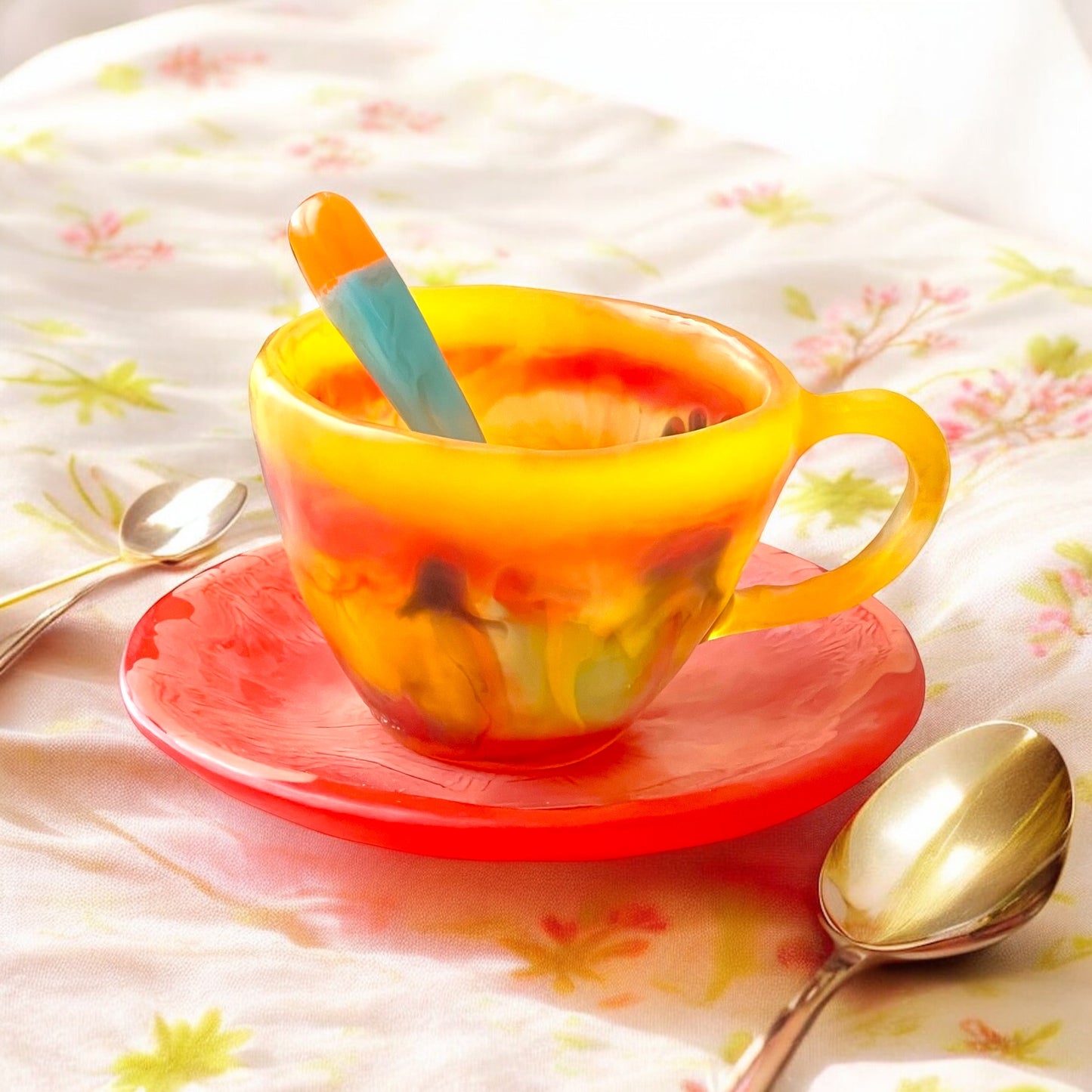 1 POCILLO Grande ☕️ 1 Plato Pequeño + 1 cuchara en Resina Especial 375 ml