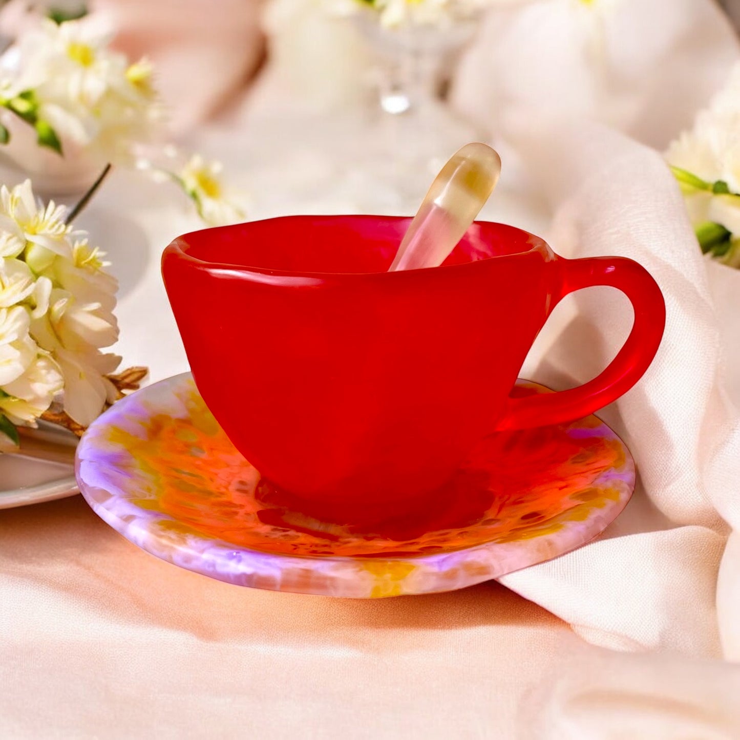 1 POCILLO Grande ☕️ 1 Plato Pequeño + 1 cuchara en Resina Especial 375 ml