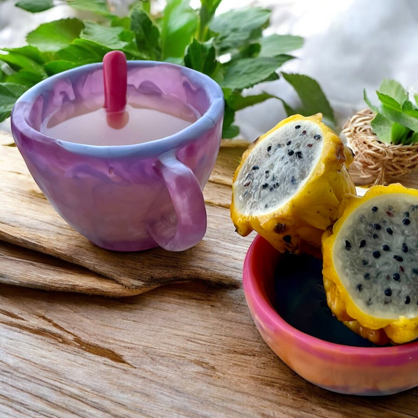 1 POCILLO Grande ☕️ 1 Plato Pequeño + 1 cuchara en Resina Especial 375 ml