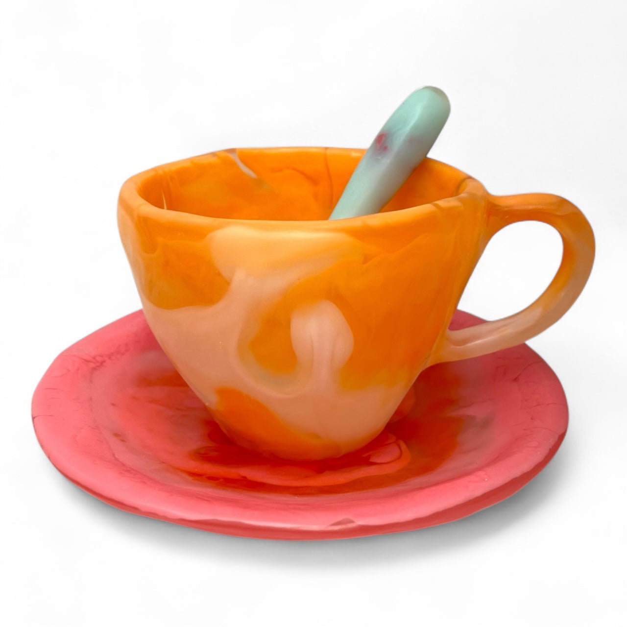 1 POCILLO Grande ☕️ 1 Plato Pequeño + 1 cuchara en Resina Especial 375 ml