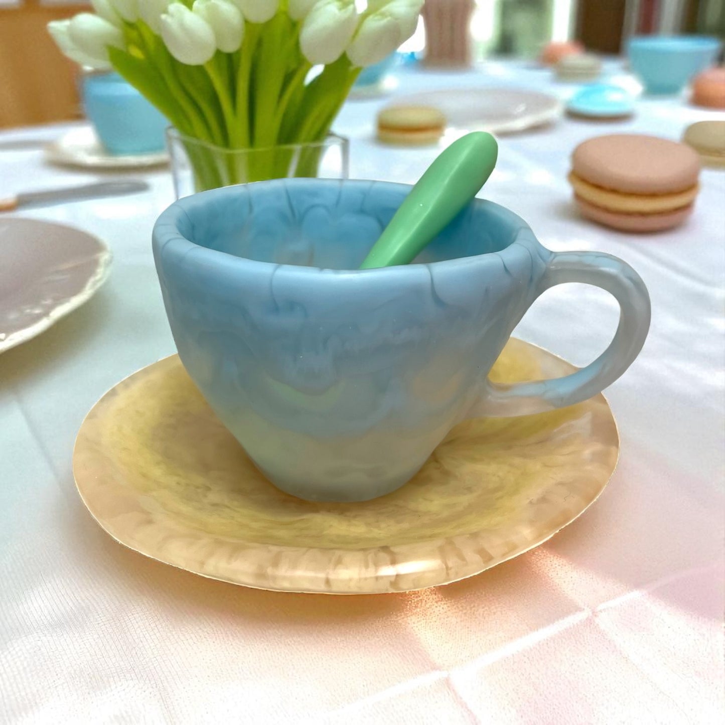 1 POCILLO Grande ☕️ 1 Plato Pequeño + 1 cuchara en Resina Especial 375 ml