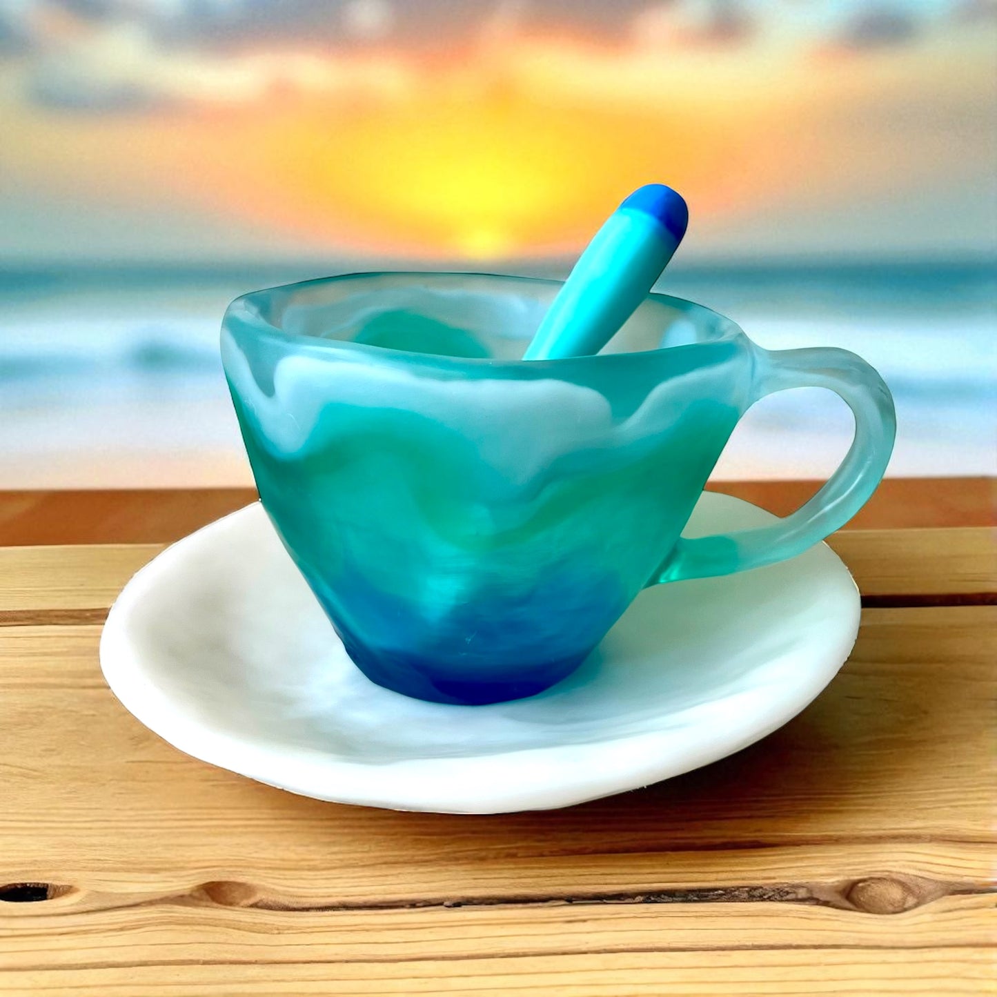 1 POCILLO Grande ☕️ 1 Plato Pequeño + 1 cuchara en Resina Especial 375 ml