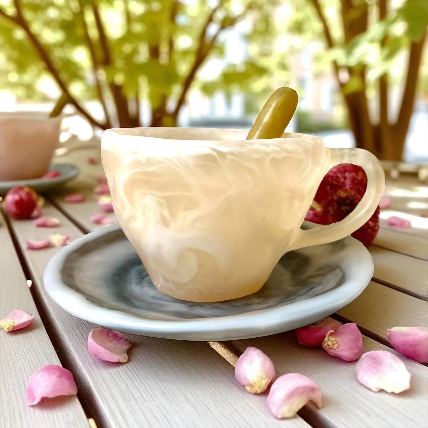 1 POCILLO Grande ☕️ 1 Plato Pequeño + 1 cuchara en Resina Especial 375 ml