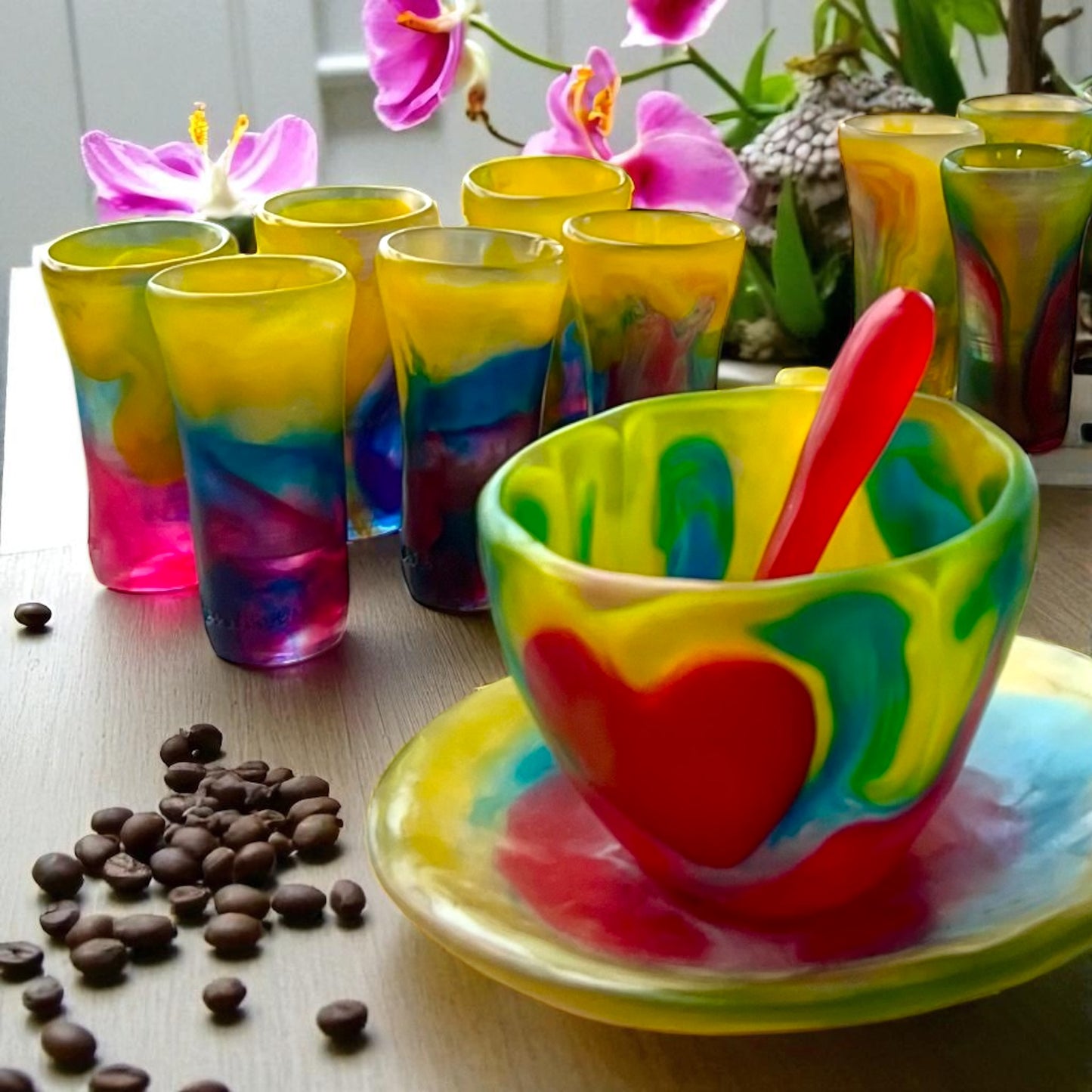 1 POCILLO Grande ☕️ 1 Plato Pequeño + 1 cuchara en Resina Especial 375 ml