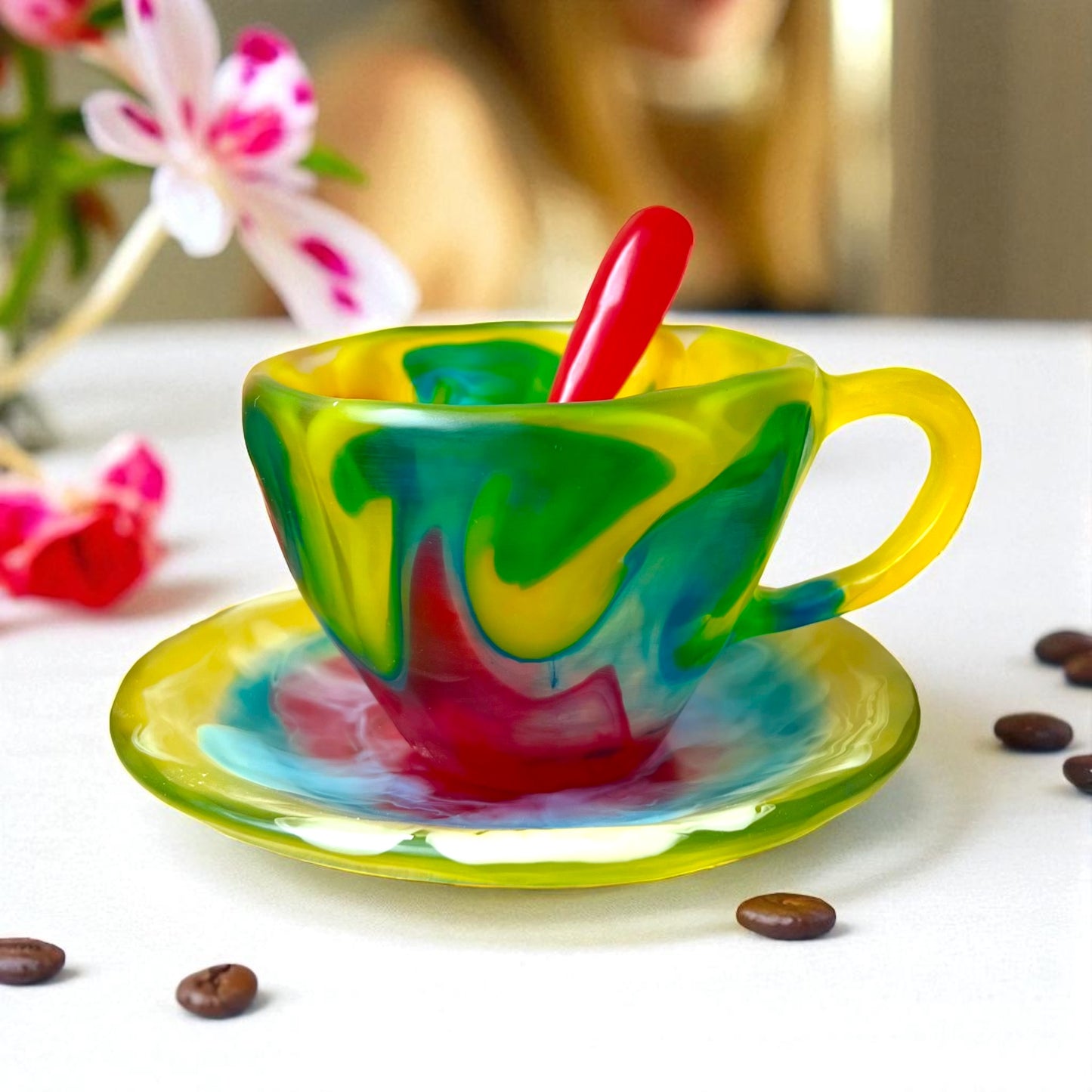 1 POCILLO Grande ☕️ 1 Plato Pequeño + 1 cuchara en Resina Especial 375 ml