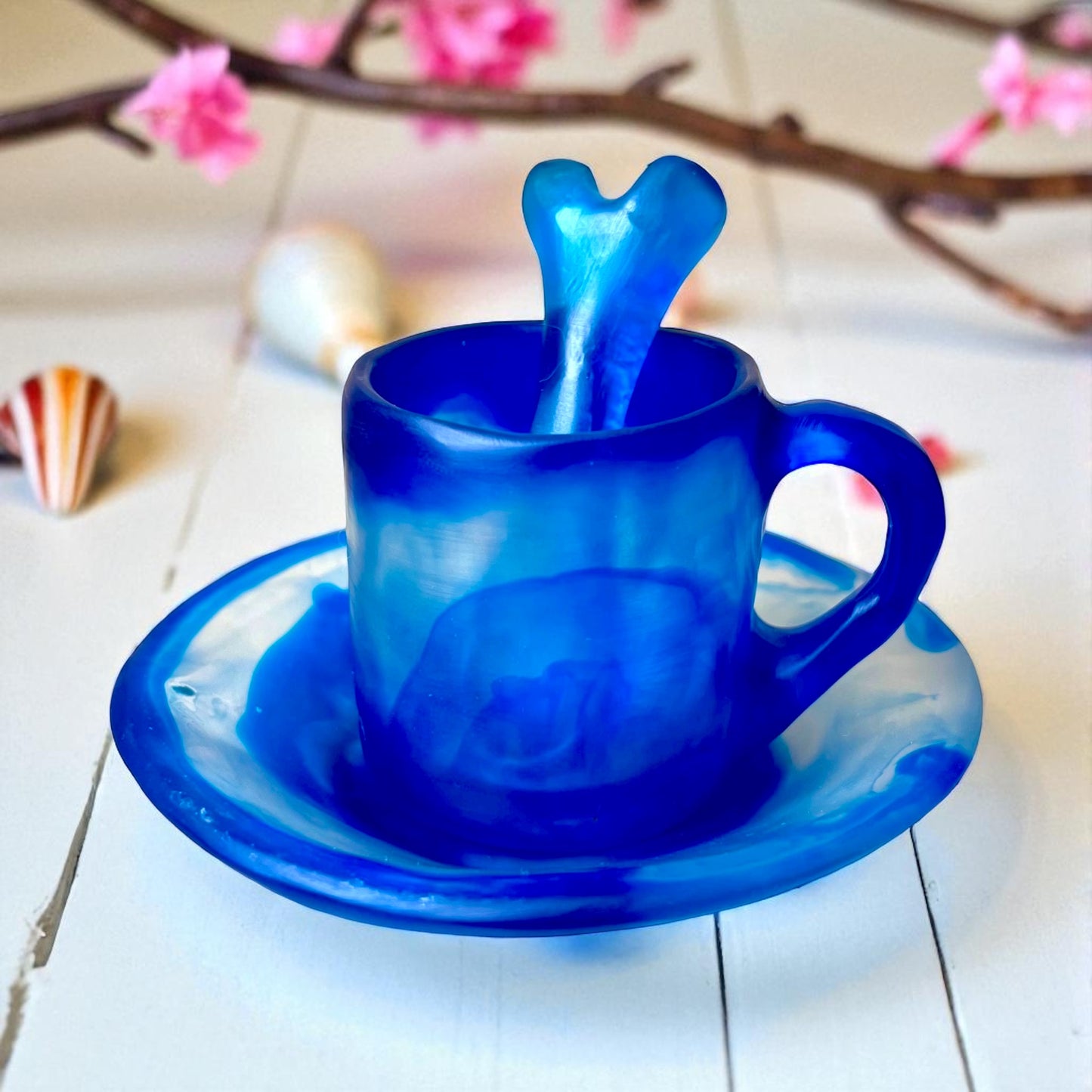 1 POCILLO Pequeño + 1 Plato Pequeño + 1 Cucharita Hueso ☕️ en Resina Especial 60 ml