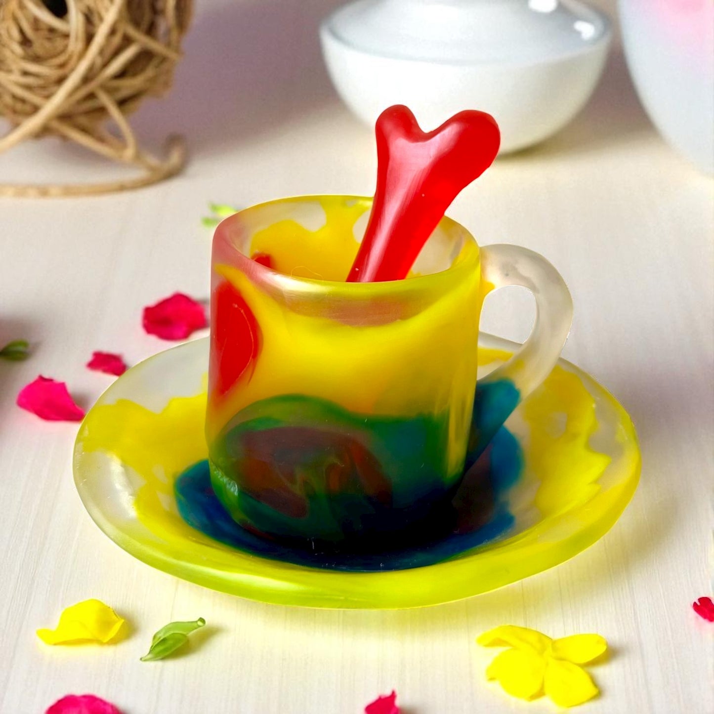 1 POCILLO Pequeño + 1 Plato Pequeño + 1 Cucharita Hueso ☕️ en Resina Especial 60 ml