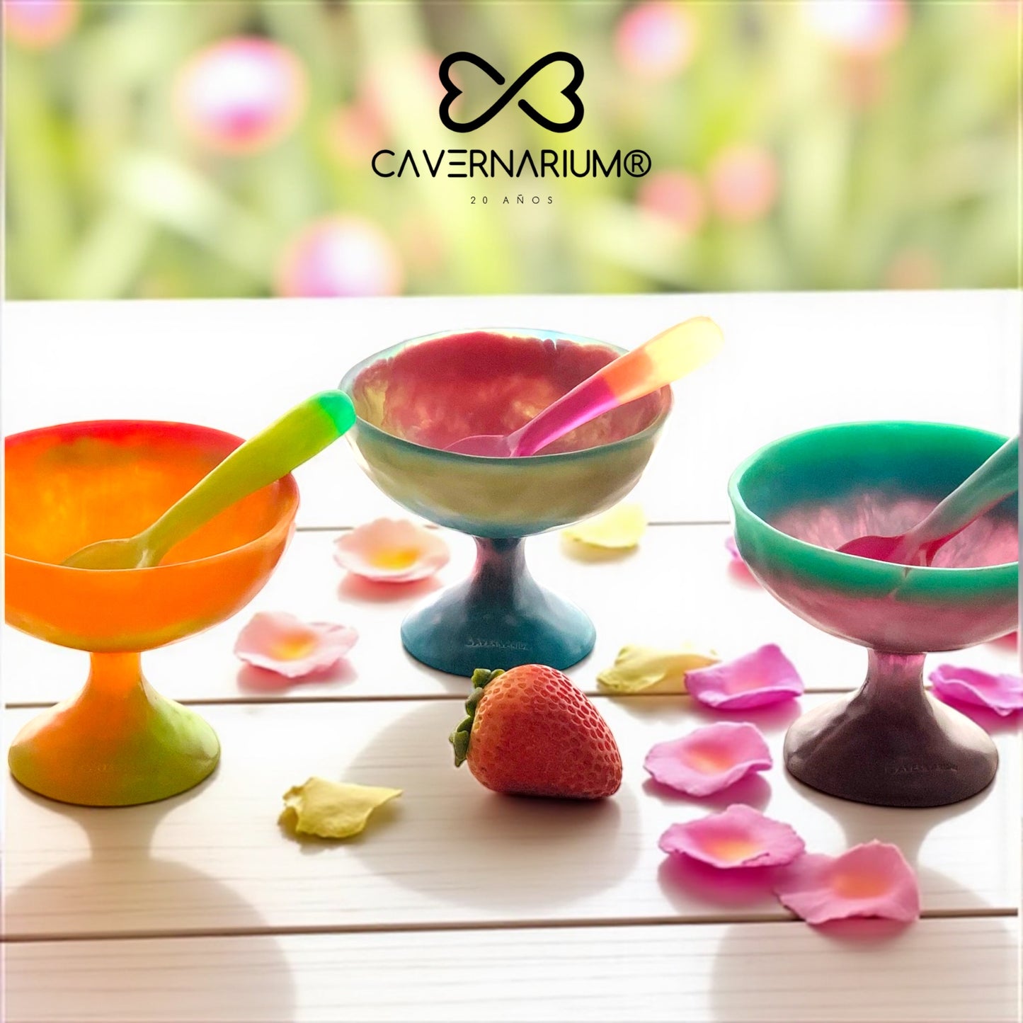 1 TAZA Postre o Helado 🥣 1 Cuchara Corta en Resina Especial 250 ml.