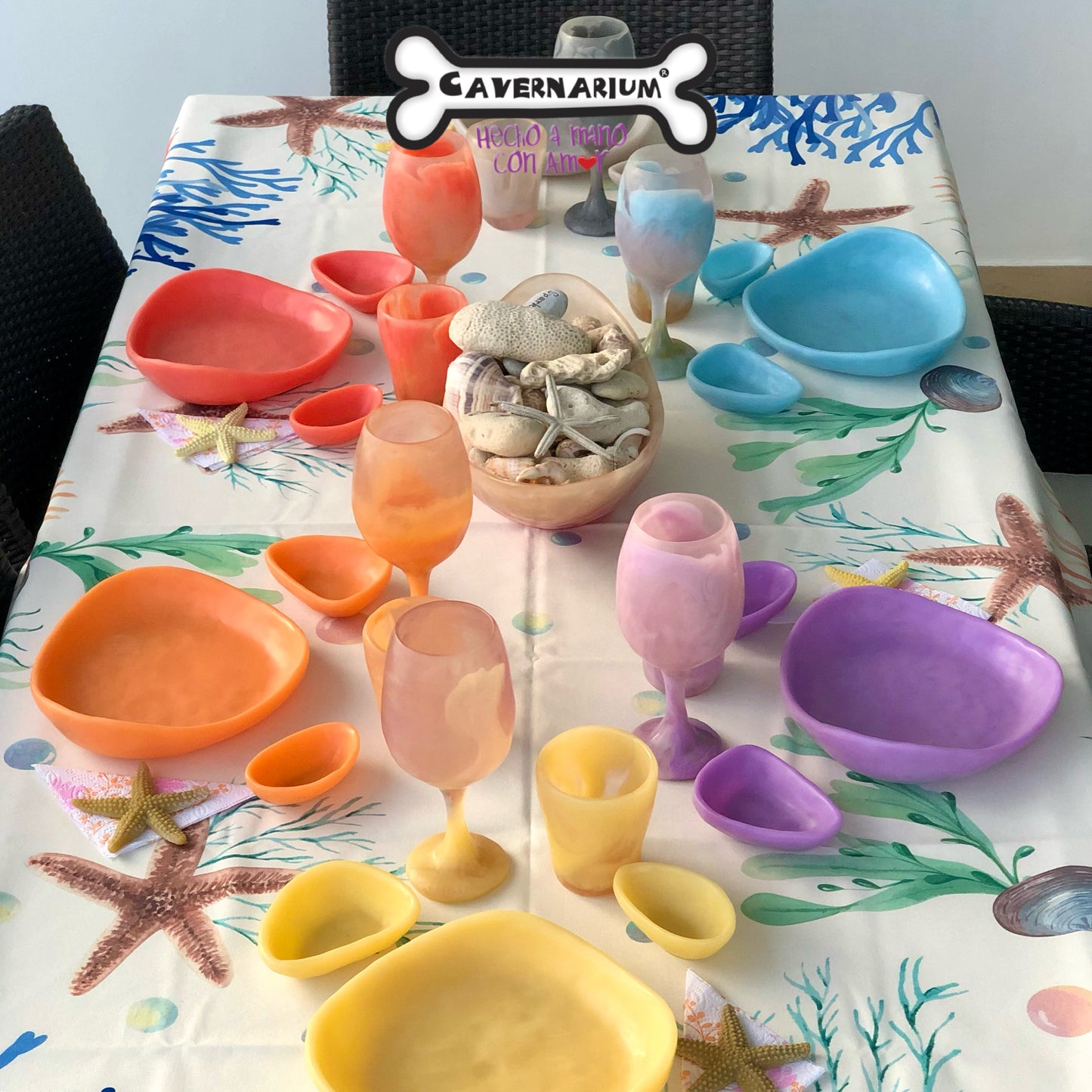 1 Puesto 🍽️ VAJILLA OCEAN & BEACH versión SUNSET x 6 Piezas en Resina Especial