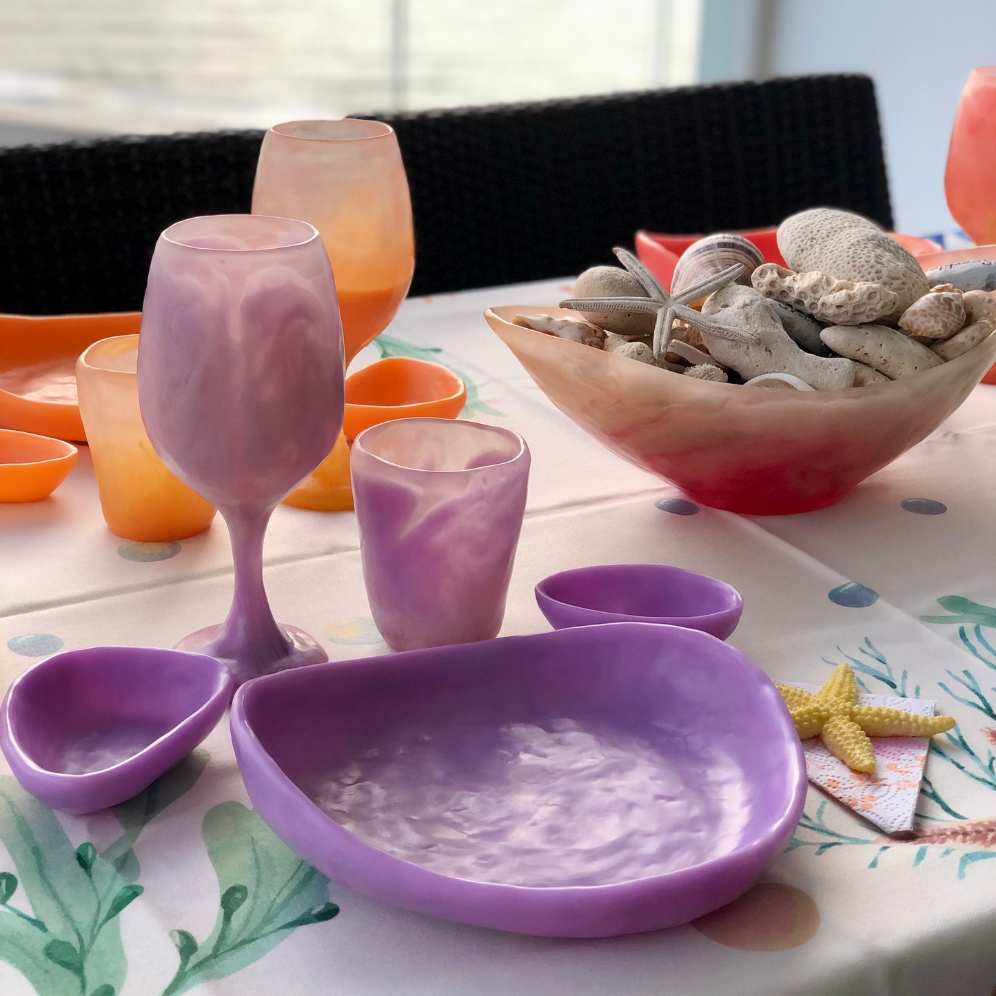 1 Puesto 🍽️ VAJILLA OCEAN & BEACH versión SUNSET x 6 Piezas en Resina Especial